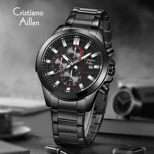 Cristiano Aillen Jam Tangan Pria Analog 8892 Rantai Stainless Steel Chronograph Kaca Sapphire Water Resistan3ATM Watches Waterproof Arloji