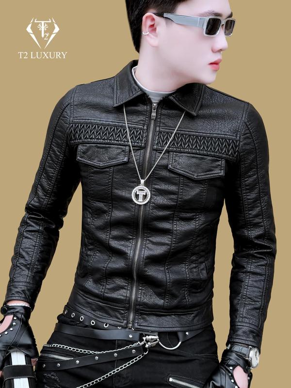 Áo da NAM áo khoác nam cổ bẻ hàng QUẢNG CHÂU thiết kế ngực phối da 3D phom áo ôm gọn da cao cấp Menswear Jacket Kem