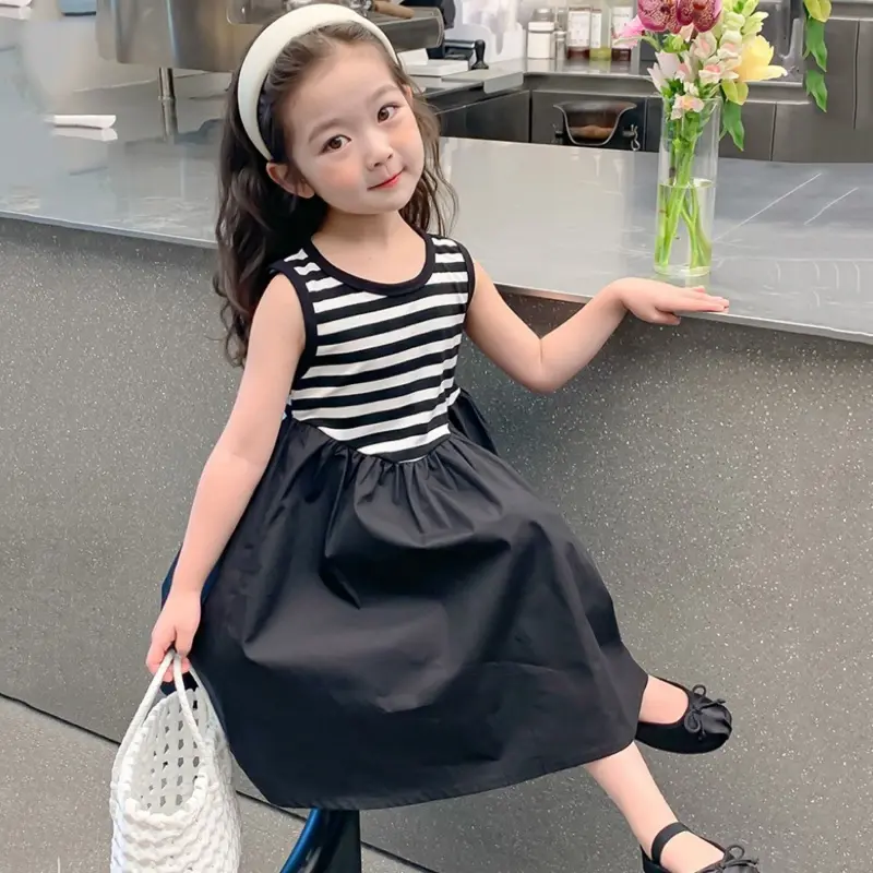 1-10Years Children Girls Sleeveless Striped Patchwork Knit Princess Dress