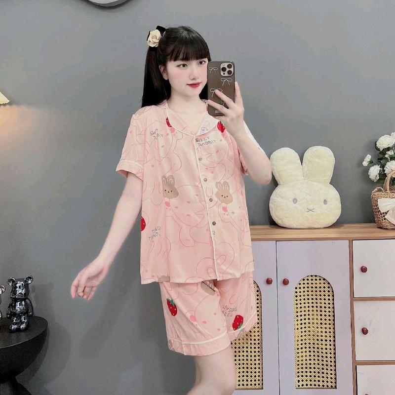   45-100kg  Bộ đồ bầu và sau sinh quần cộc áo cộc Bigsize chất lanh dáng cộc pijama lụa họa tiết cực đẹp 