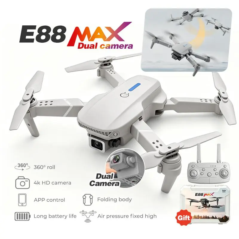 Drone E88 MAX 4K - Kamera Ganda 4K, Bisa Lipat, Kontrol HP & Isyarat Tangan, Terbang 10 Menit, Harga Murah Kualitas Mewah