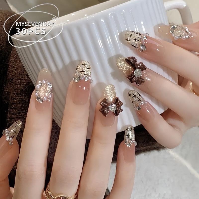    Mã A-287   Bộ 24 móng màu thạch gắn đá mã Tay A-287 form hạt gạo 