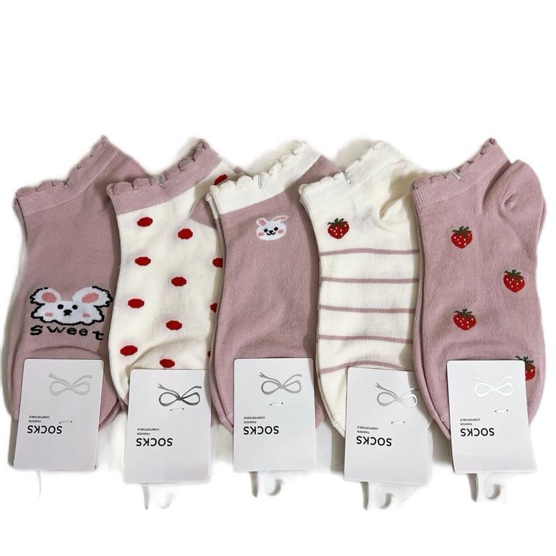  Sét 5 đôi tất nữ cổ ngắn màu hồng kem thêu thỏ dâu tây  TNU111  Women 