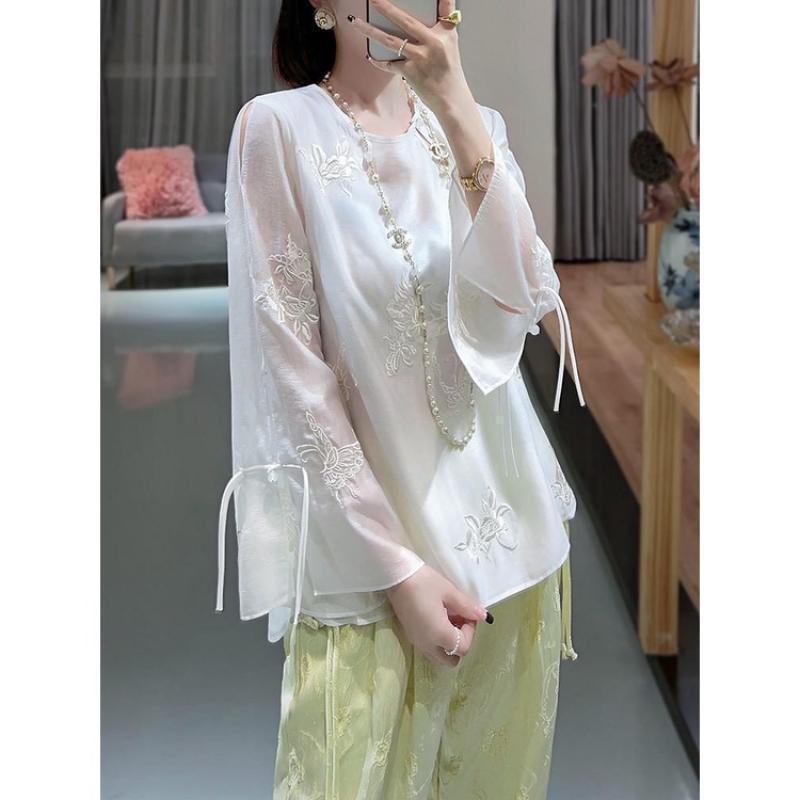 Áo thêu nữ kiểu sườn xám cách tân tay dài phong cách cổ điển thời trang áo sơ mi chiffon nữ thần thiết kế lấy cảm hứng từ sườn xám truyền thống
