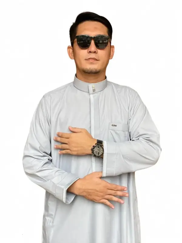 Jubah Gamis Reguler Pria Muslim Dewasa SOLLU 3 Lengan Cuff/Tanpa Kancing Bahan Katun Flat grey gamis  pria 1