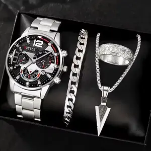 Jam Tangan Quartz  Kuarsa Tipe Bisnis Pria Tali Baja Tahan Karat Dial Besar Dengan Kaca  Kalung Gelang Stainless Watches