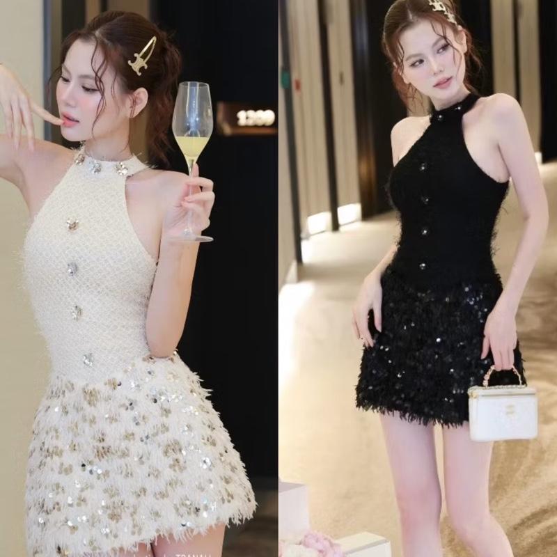 Hàng Có Sẵn Đầm yếm ôm form ngắn tùng phối kim sa lông đi tiệc KÈM QUẦN kho sỉ hải chuyền Đ100