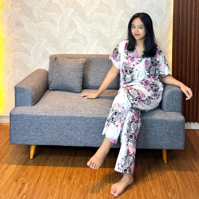 LONG ONE SET OWL ECER TERBARU BUSUI FRIENDLY RAYON WANITA PREMIUM JUMBO  Motif Nyaman Setelan Kancing Baju Pendek Celana Panjang Lembut 2