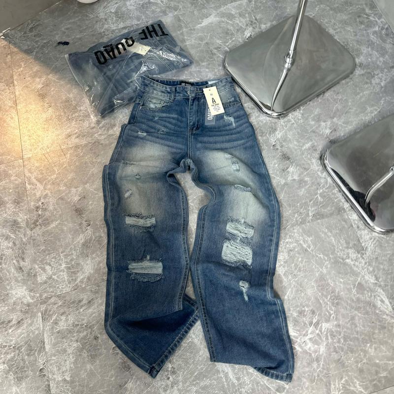 THE QUẠO - Quần Jeans Nữ Lưng Cao Ống Suông Rách Nhiều Xanh ĐẬM Phủ Bụi S0206_679 (SIZE TO)