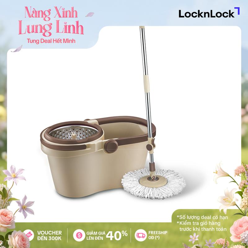 Bộ Cây Lau Nhà vắt 360 độ Lock&Lock Compact Spin Mop - ETM466 - Màu nâu - Thép không gỉ, kèm xô, điều chỉnh được