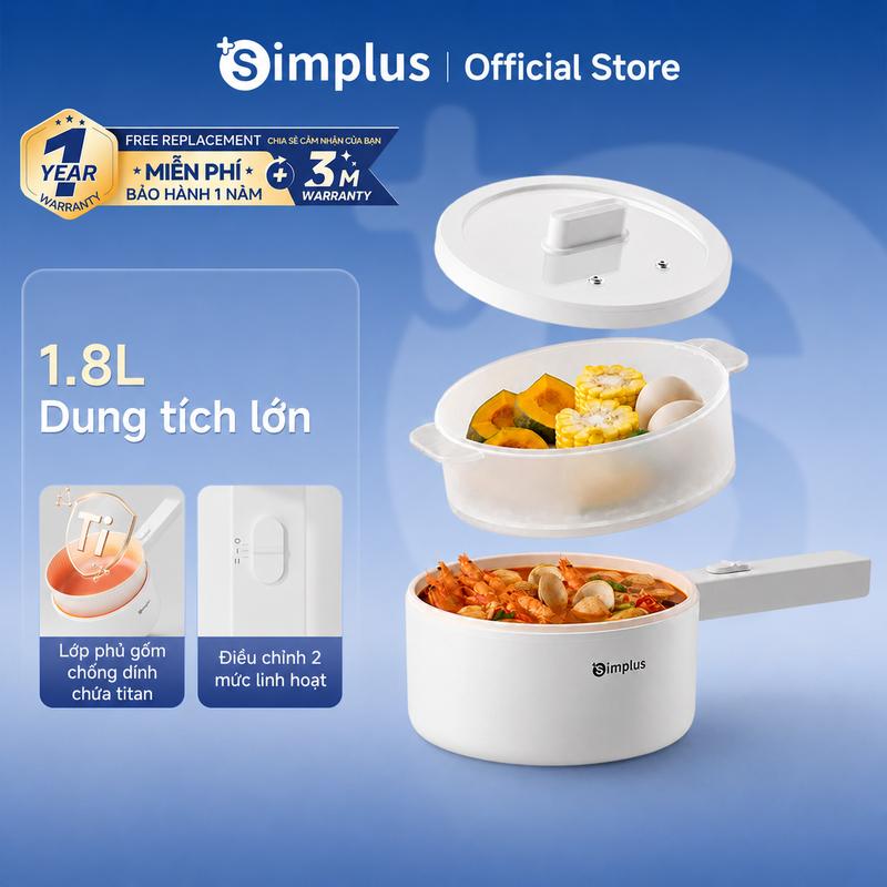 Simplus Nồi điện đa năng 1.8L DZGH012, Tay cầm dài cách nhiệt chống bỏng, công suất 600W, phủ men gốm titan chống dính, nấu & hấp cùng lúc, Bảo hành 1 năm chỉ đổi không sửa