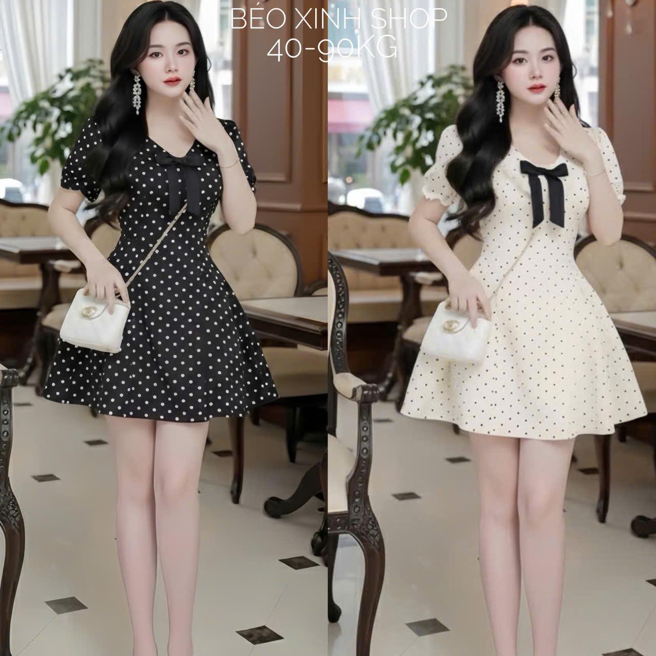 Váy Dự Tiệc Nữ Tiểu Thư Vải Cotton Lạnh Chấm Bi Phối Nơ Cao Cấp Thanh Lịch Cho Các Nàng Bigsize 40–90kg Thời Trang Nữ Béo Xinh Shop - A.1638