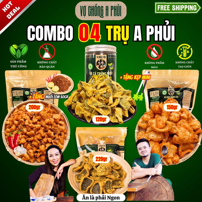   Tặng Kẹp Gắp Mini+Muối Tôm 100gr  Combo Ăn Vặt 4 Trụ – Tóp Mỡ 200gr Bì Heo 150gr Cơm Cháy 220gr Da Cá Trứng Muối 120gr Giòn Ngon Đậm Đà - Vợ Chồng A Phủi - Không Phẩm Màu Không Chất Bảo Quản An Toàn Cho Sức Khỏe khô da anvat mo 