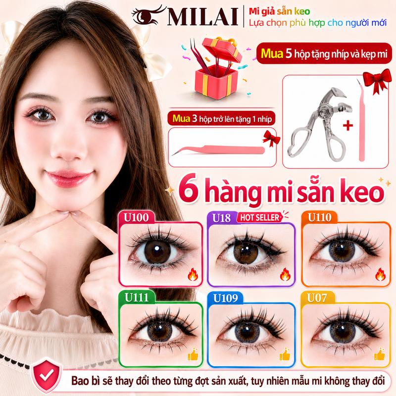 MILAI Mi Giả Sẵn Keo 6 Hàng, Mi Tự Dính Không Cần Keo Dán, Dễ Dùng Cho Người Mới, Nhiều Mẫu Mi Đẹp Tự Nhiên, U18 Hot Seller