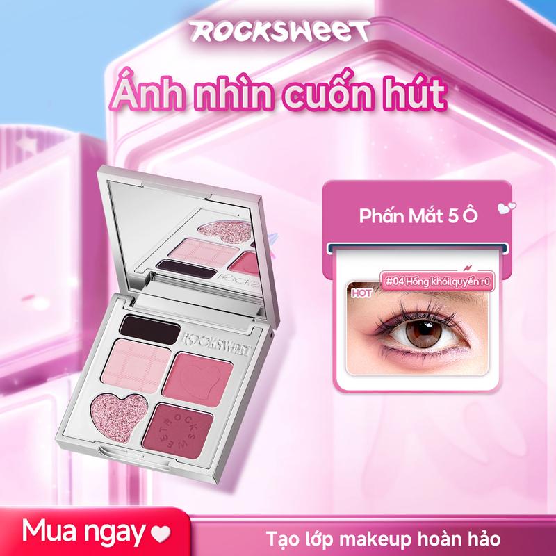 ROCKSWEET Phấn mắt 5 ô RS phấn lên màu chuẩn, highlight siêu sáng với chất lì và nhũ mịn, cho hiệu ứng bọng mắt long lanh. Có thể mix nhiều tông màu, bền màu lâu trôi. Sản phẩm không thể thiếu cho người mới tập makeup