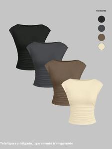 Conjunto de camiseta ajustada con cuello redondo y frunces, tejido de punto casual para mujer, de 4 piezas, ideal para primavera y otoño, cómodo para uso diario