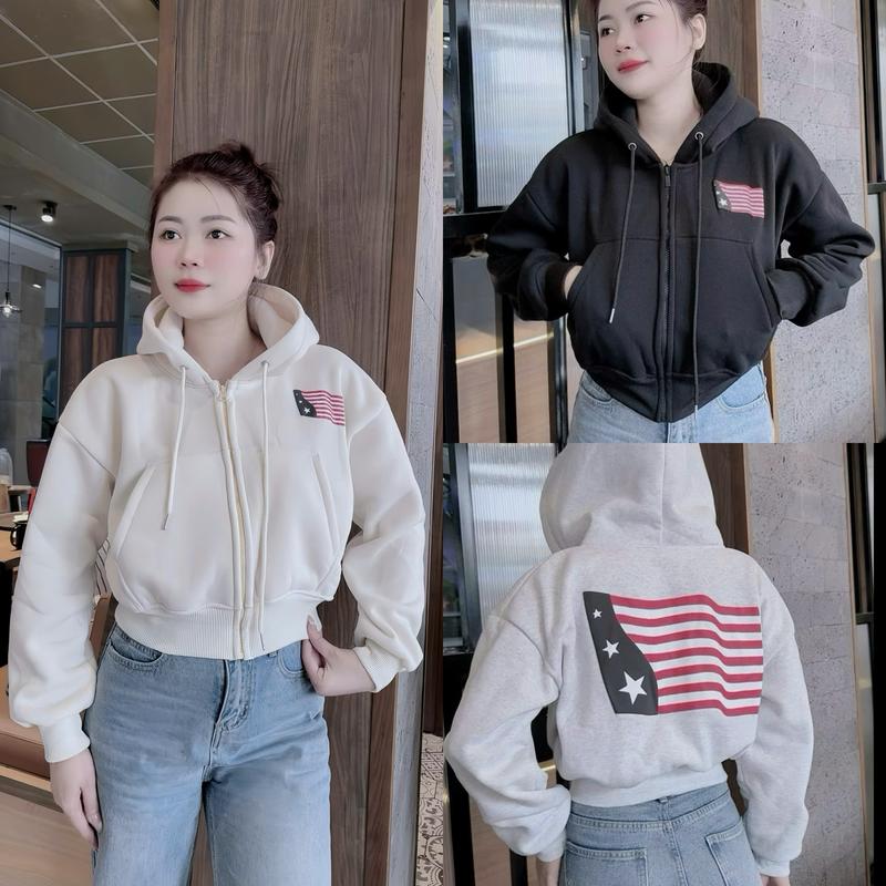 Áo Khoác Nỉ Lá Cờ - Áo Khoác Nỉ Nữ From Lửng In Hình Lá Cờ Siêu Hot 3 Màu Mới Dễ Mix Đồ Size <55kg Top Áo Hoodie Zip Siêu Xịn