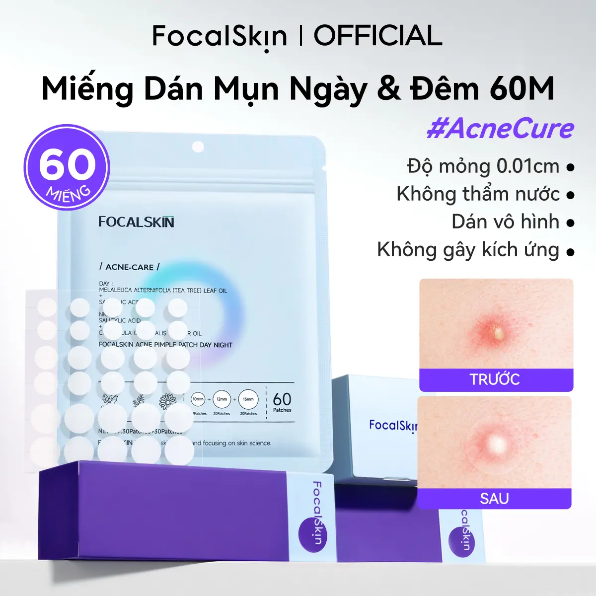 [COMBO gói 60 miếng] FOCALSKIN Miếng dán mụn SalicylicAcid Hoa cúc 30 miếng ban ngày và 30 miếng ban đêm hỗ trợ hút nhân mụn và hỗ trợ che mụn trước khói bụi & makeup | Làm Đẹp Da Chăm Sóc Da Skincare Giảm Thâm