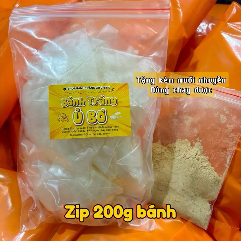 Bánh Tráng Củ Chi-Combo 200g Bánh Tráng Rìa Ủ Bơ & 30g Muối Nhuyễn (combo dùng thử bánh tráng ủ bơ)
