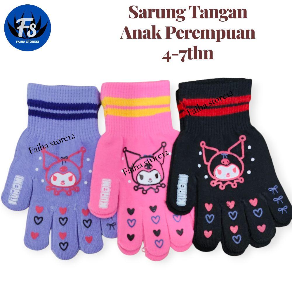 3 Pasang Sarung Tangan Anak Perempuan Karakter Gambar Cewek 4-7thn Lembut Nyaman Warna Ungu Pink Hitam
