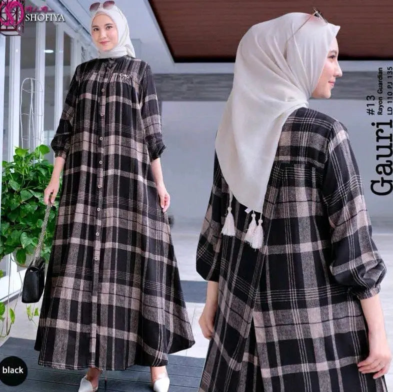 Gauri Dress gamis belakang silang kotak kotak rayon diamond lengan panjang bumil busui friendly Kancing depan gamis Wanita  Muslim elegan Dress simple viral tangan karet
