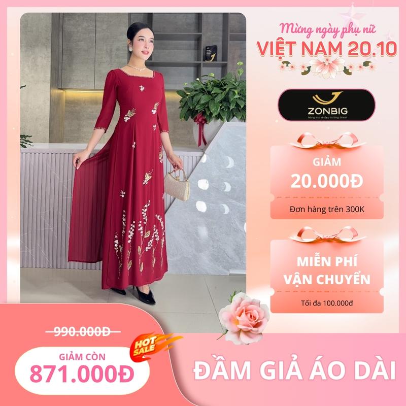 Đầm dự tiệc trung niên dành cho mẹ - Thương hiệu Zonbig - Đầm giả áo dài phối ngọc trai sang trọng - Y1856