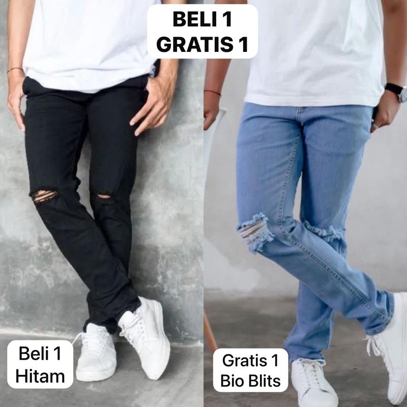 PROMO BELI 1 GRATIS 1 Celana jeans pria sobek lutut panjang skinny ripped softjeans 3