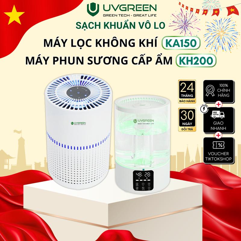 Combo Máy Lọc Không Khí UVC LED Diệt Khuẩn UVGREEN KA150 20m2 & Máy Phun Sương Siêu Âm Tạo Ẩm, Làm Mát KH200 - Khuếch Tán Xông Hương Tinh Dầu Thơm Phòng Ngủ - Bảo Hành Chính Hãng 24 Tháng