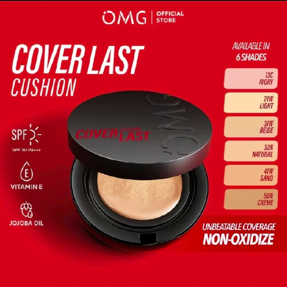 OMG Cover Last Cushion SPF 30 PA+++ dengan Vitamin E & Jojoba Oil Tersedia dalam 6 Warna Non-Oxidize