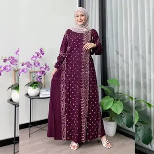 Naya Batik - Gamis Twill Pekalongan Cap Malaman Bukan Sablon Dress Muslim Wanita Nyaman Motif Batik Kotak Garis Lengan Karet Rempel Bawah Tali Samping Full Kancing Katun Rayon