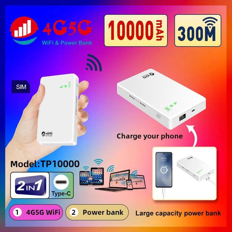 Cục phát wifi từ sim 4G/5G kiêm pin sạc dự phòng 10000mAh TP10000, bộ phát wifi di động tốc độ cao 300Mbps pin 20h-25h