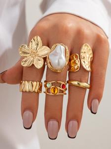 Conjunto de anillos elegante para mujer, diseño floral y de perla falsa, joyería para fiesta y boda, anillos abiertos ajustables, accesorios para uso diario