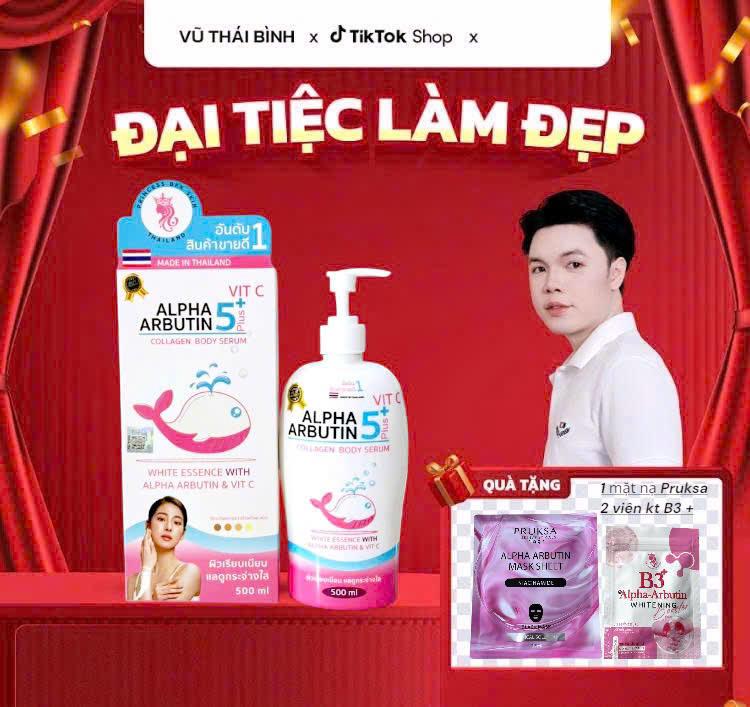  VTB -    tặng 2 viên kt + 1  mặt nạ PRUKSA   DƯỠNG THỂ ALPHA ARBUTIN 5 PLUS VITC 500ML THAILAND Collagen Body Serum với Alpha Arbutin & Vit C 