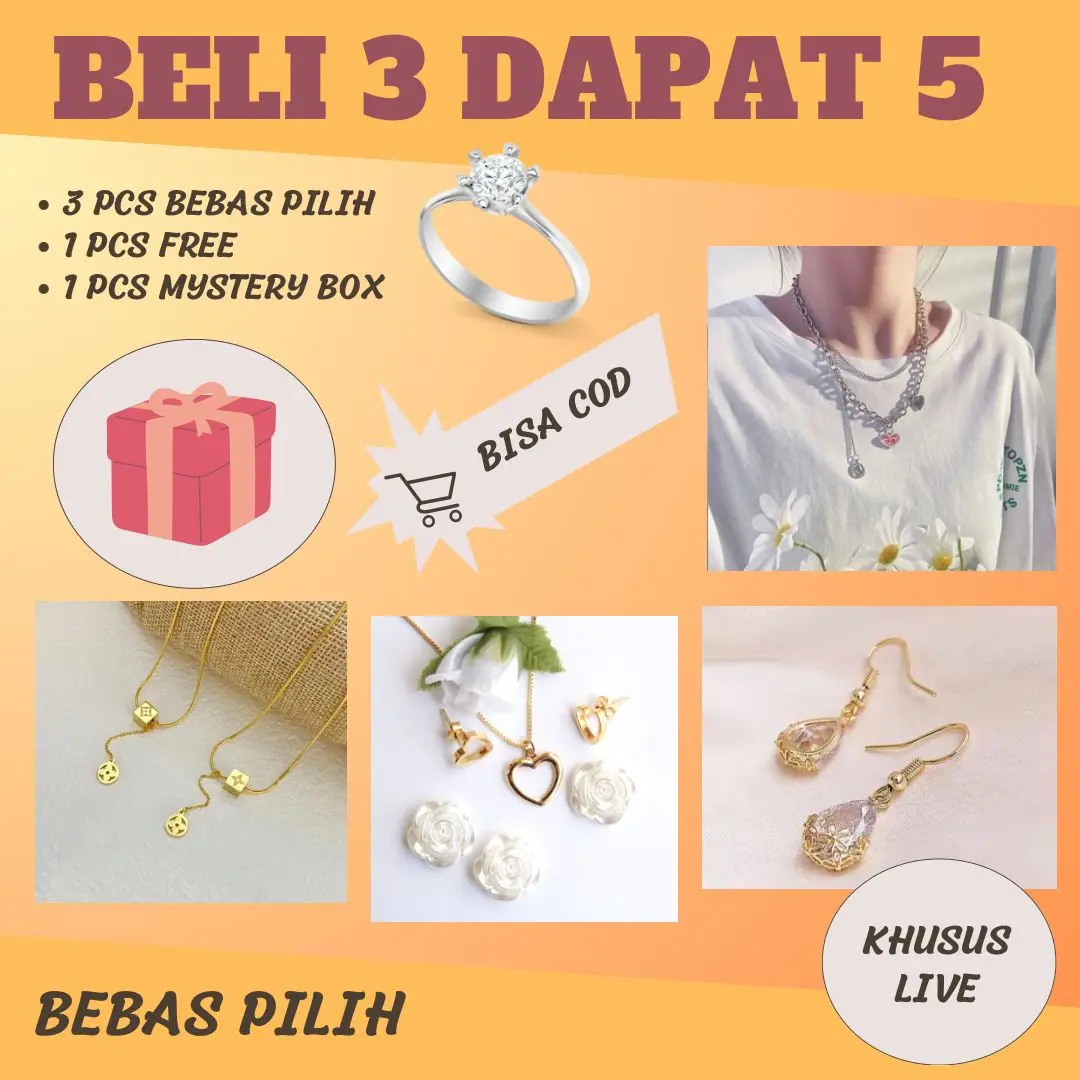 PAKET Beli 3 Dapat 5 Bebas Pilih Khusus Live Aksesoris Titanium Cincin, Gelang, Anting, Kalung, MISTERY BOX