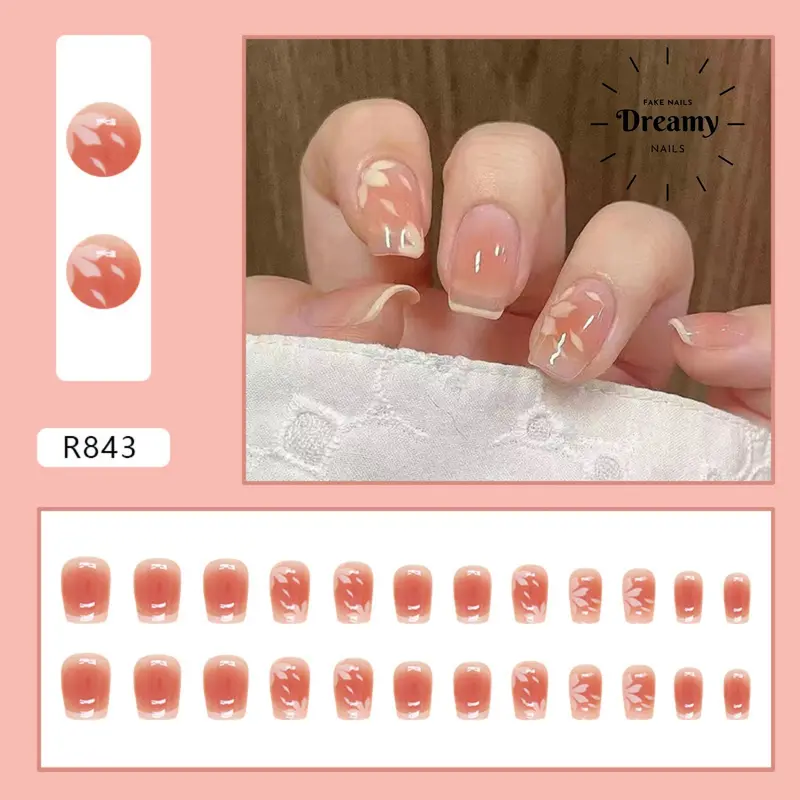 R843  DREAMYNAILS KUKU PALSU 2D 24PCS + R843 Falling Flowers cherry blossom blush French 0