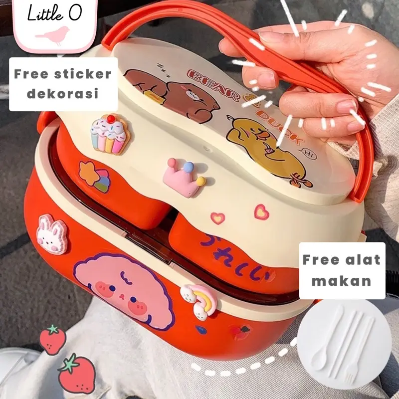 Little O BEAR DUCK 2 layers lunch box set with cutlery tempat bekal dua susun kotak bekal anak tempat bekal karakter kotak bekal murah