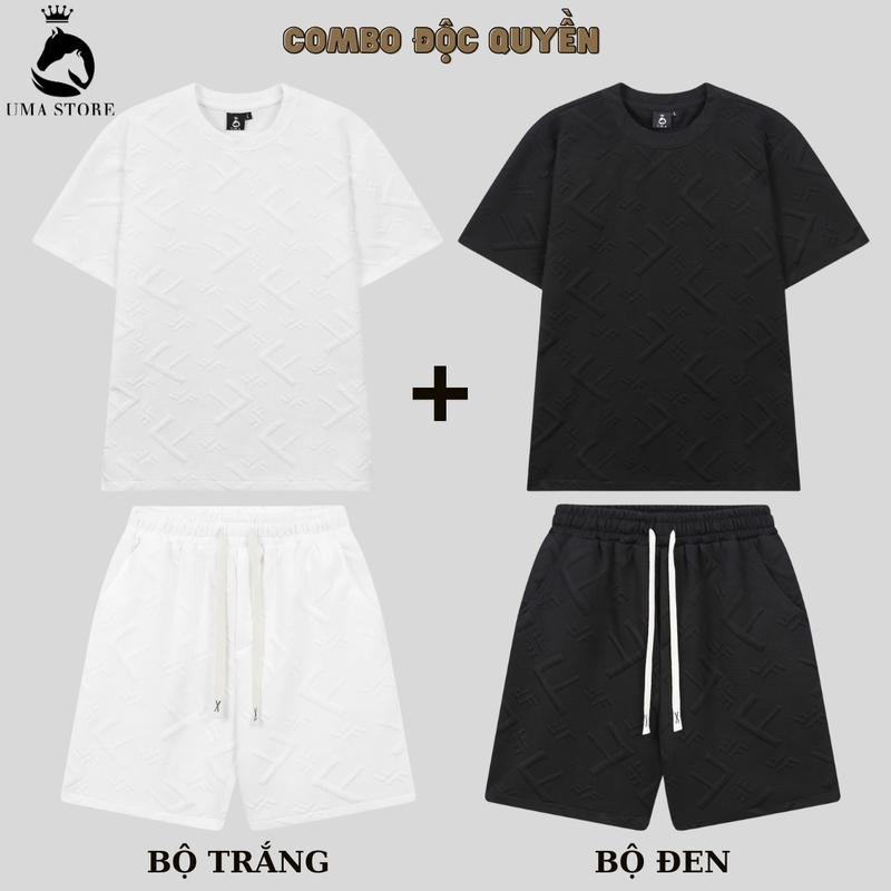 Combo 2 Bộ Quần Áo Chất Vải Xốp Nam Nữ Dập Nổi F2 Mùa Hè Tay Ngắn Bản Dây Rút To Menswear