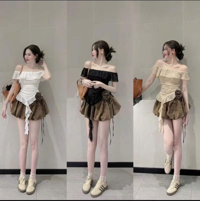 Set áo trễ vai bánh bèo mix chân váy thô bồng bí  đính hoa ( có quần bảo hộ) phong cách sang chảnh KAZYDRESS S309
