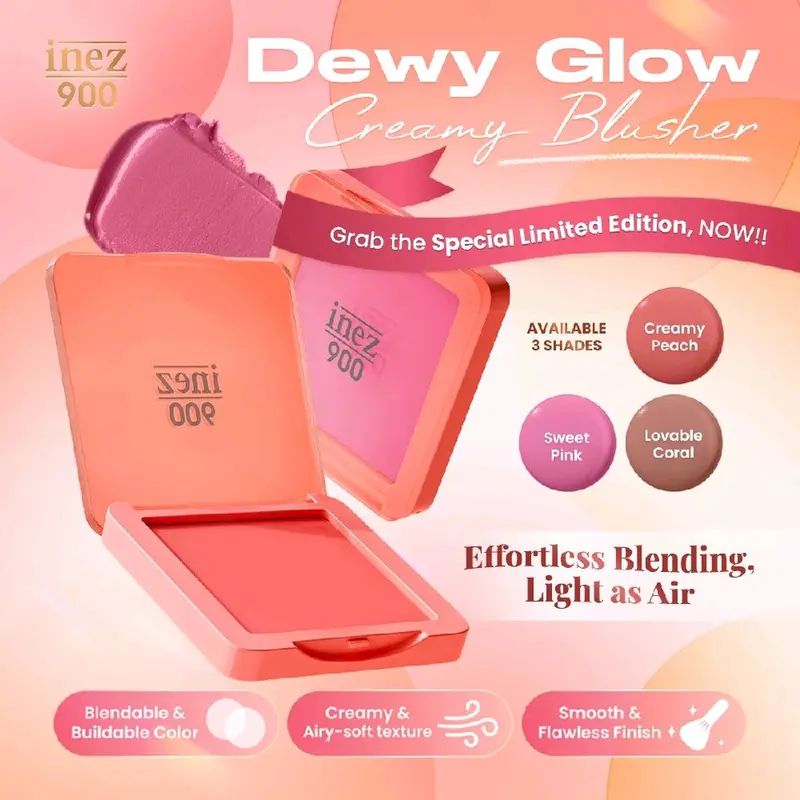Inez Dewy Glow Creamy Blusher Wajah - Effortless Blending Light as Air Infused with Vitamin E - Sweet Pink, Creamy Peach, Lovable Coral, Melted Copper 6