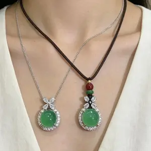 1014 Kalung Pendant Giok Hijau Alami, Aksesoris Perhiasan Wanita Style Mewah Minimalis-1043