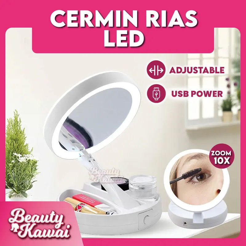 Cermin Bulat Lipat Kaca Rias LED 2 Sisi Ganda Putar USB Cas 0
