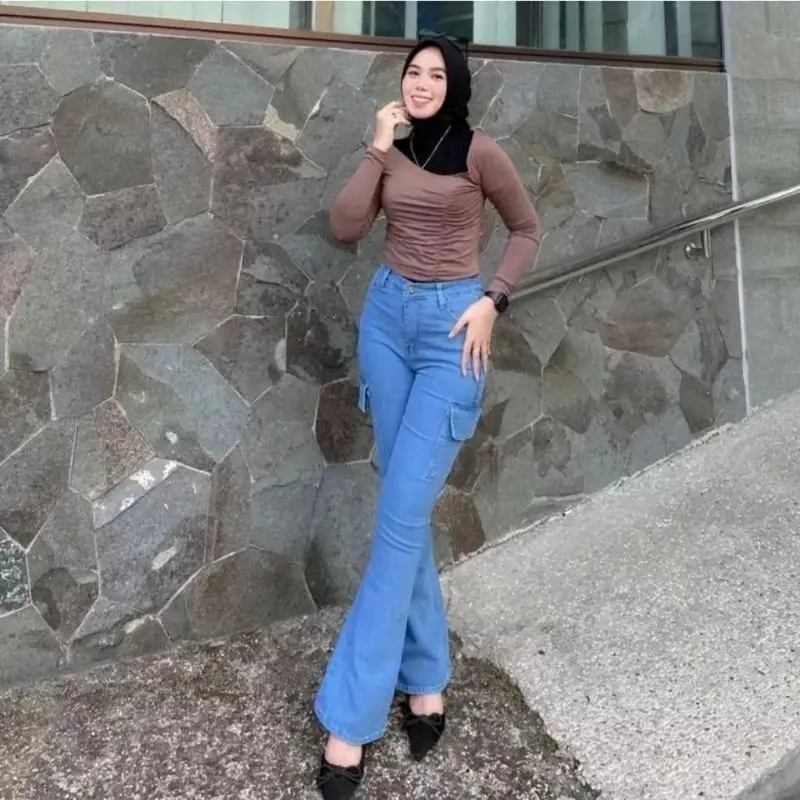Hw Cutbray Cargo Jeans Wanita - Celana Jeans Wanita - Kargo Cutbray Jeans Highwaist Wanita Stretch Melar 2