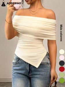 Playera lisa con fruncido para mujer, elegante y casual fuera del hombro, ideal para uso diario y al aire libre, ropa de verano para damas, blusas de verano