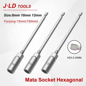 JLD Mata Socket Hexagonal 8mm 10mm 12mm Mata Kunci Shock Panjang 15cm Hex Soket Nut Adaptor Socket Roofing
