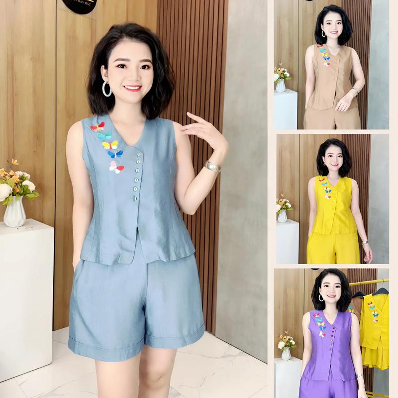 BỘ ĐŨI TƠ HÀN THÊU HOẠ TIẾT B839 - THIẾT KẾ NOKA, Dáng suông thoải mái, chất đũi tơ hàn mát, mềm, nhẹ, size S- 2XL (40 - 70kg) Nữ Women Áo Top Ong