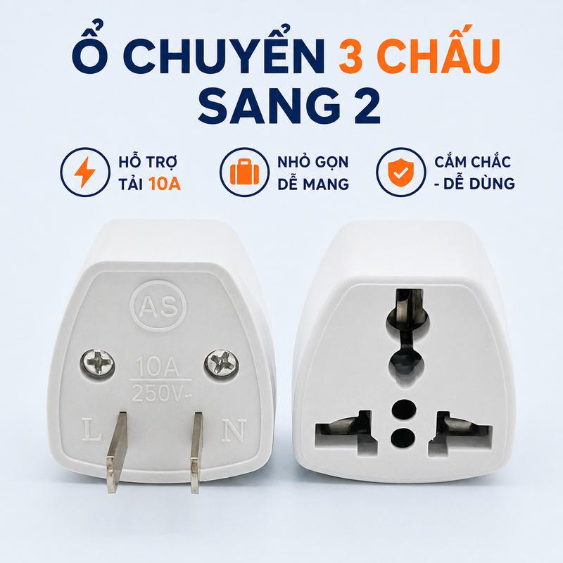 Ổ Chuyển Đổi Phích Cắm 3 Chấu Sang 2 Chấu, Adapter Điện 10A Nhựa Cứng Nhỏ Gọn