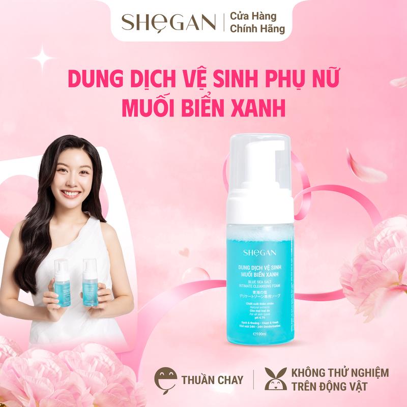 Dung Dịch Vệ Sinh Phụ Nữ Thuần Chay, Tạo Bọt Tự Động Muối Biển Xanh SHeGAN 100ml - Không chứa paraben, Cân bằng độ pH, Khử mùi Khô thoáng, Tạo bọt, Phù Hợp Cho Mẹ Bầu Và Mẹ bỉm
