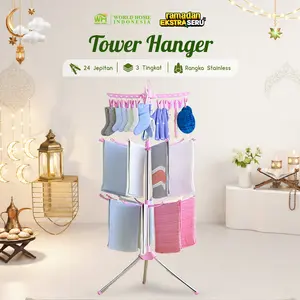 WORLDHOME [ Tower Hanger ] Jemuran Menara 3 Tingkat Jemuran Pakaian Multifungsi Bisa Lipat Jemuran Baju [12]