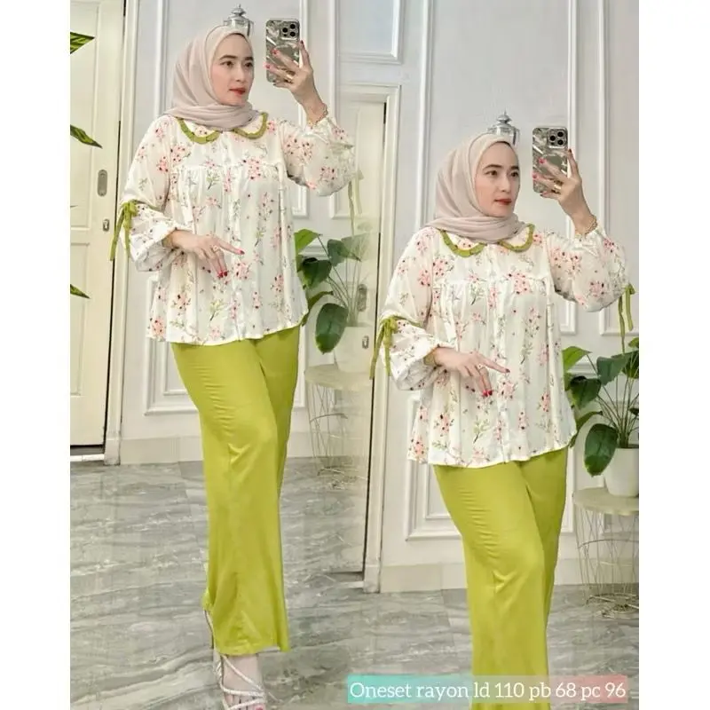 Setelan Elora Plisket Premium // Setelan Rayon Kombinasi Elora Motif Viral / Setelan Wanita 4