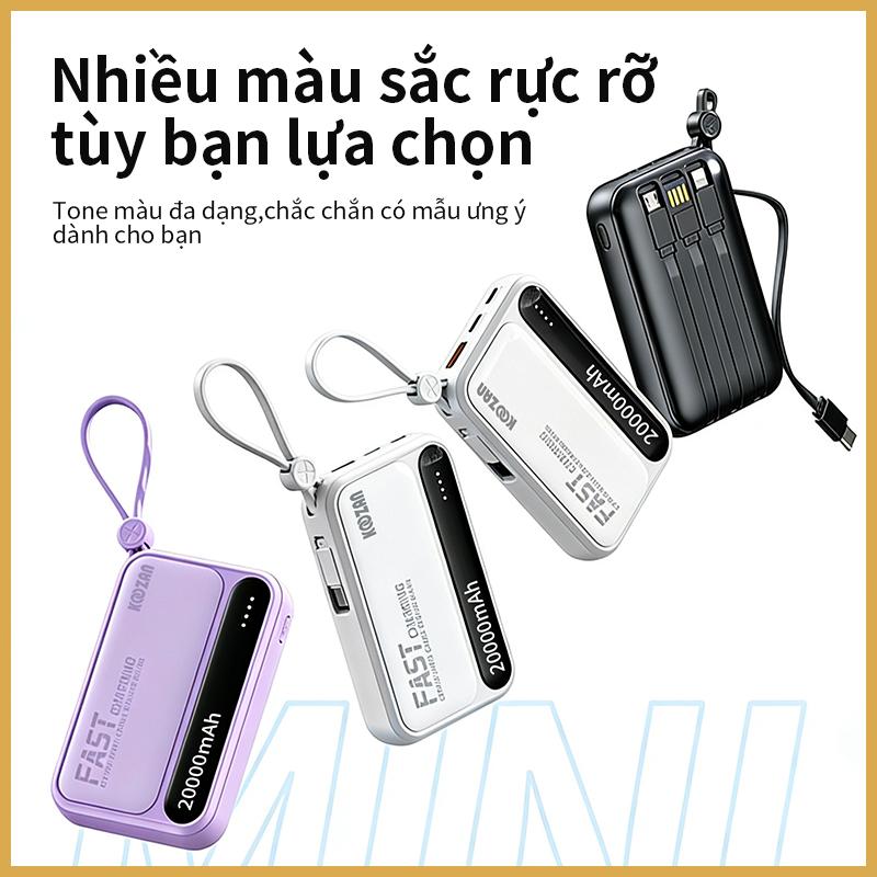 Sạc pin dự phòng 20000mAh tích hợp dây cáp 4 trong 1, thiết kế nhỏ gọn, dễ mang theo. Hỗ trợ sạc nhiều dòng điện thoại, không cần dây rời. Phù hợp đi làm, đi học, du lịch, với 3 màu đen – trắng – tím.